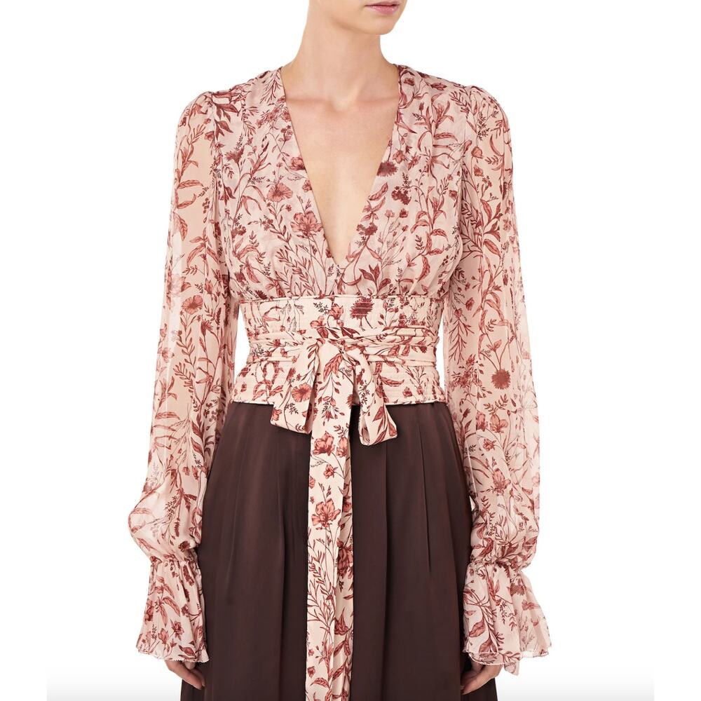 AMUR Helene Tie Waist Floral 100% Silk Wrap Top Size S Blush Wildflowers Pink